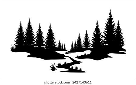 illustration of the silhouette of a pine forest with a river,lake,valley landscape design elements isolated