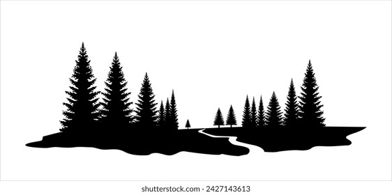 illustration of the silhouette of a pine forest with a river,lake,valley landscape design elements isolated