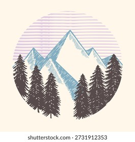 Illustration einer Silhouette aus Kiefern und schneebedeckten Bergen.