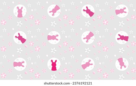 illustration silhouette pink rabbit on the moon with flower on grey background.