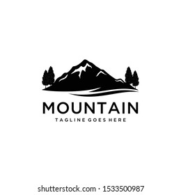 Illustration silhouette Rocky Mountain, Creek River Mount Peak Hill, Landscape view logo design.