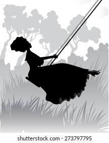 Illustration silhouette of romantic girl on swing