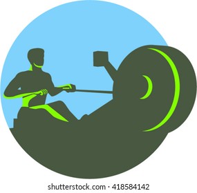 Illustration Of A Silhouette Of A Rower Exercising On A Rowing Machine Viewed From Front Set Inside Circle Done In Retro Style. 