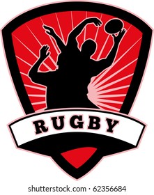 illustration of silhouette of rugby player jumping to catch line-out throw set inside shield with words rugby"