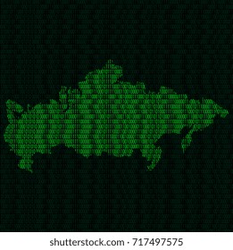 Illustration of silhouette of Russia from binary digits on background of binary digits