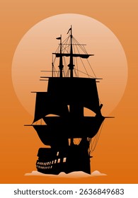 
Illustration of silhouette of sailing pirate ship against orange moon in orange sky, for your designs in nautical romantic and vintage style