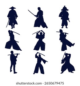 illustration silhouette of samurai collection set