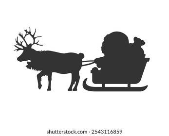 Illustration of a silhouette of Santa Claus riding a reindeer sleigh.