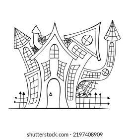 Illustration of a silhouette of a scary house with monsters and a ghost on Halloween. Spooky house.