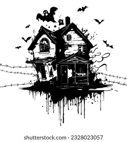 Illustration of silhouette a scary house. Mystical house with monsters and ghost for Halloween. Spooky house. Vector illustration for the store. Tattoo.