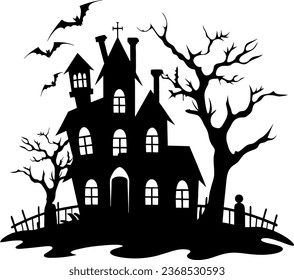 Illustration of silhouette a scary house. Mystical house with monsters and ghost for Halloween. Spooky house. Vector illustration for the store. Tattoo.