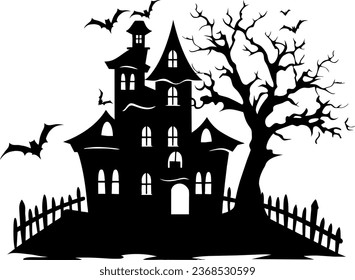 Illustration of silhouette a scary house. Mystical house with monsters and ghost for Halloween. Spooky house. Vector illustration for the store. Tattoo.