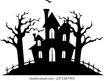 Illustration of silhouette a scary house. Mystical house with monsters and ghost for Halloween. Spooky house. Vector illustration for the store. Tattoo.