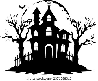 Illustration of silhouette a scary house. Mystical house with monsters and ghost for Halloween. Spooky house. Vector illustration for the store. Tattoo.