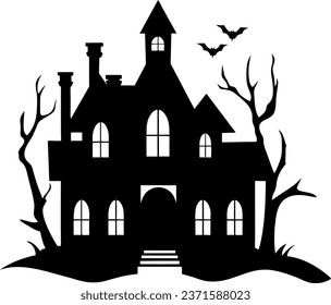 Illustration of silhouette a scary house. Mystical house with monsters and ghost for Halloween. Spooky house. Vector illustration for the store. Tattoo.