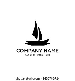 Illustration silhouette sea sailboat is moving forward to the destination sign logo design