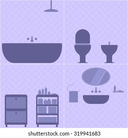 Illustration silhouette set of a bathroom in violet shades. Vector set of bathtub, shower, toilet, bidet, washstand with mirror, shelves with towels and soap. Fully editable file for your projects.