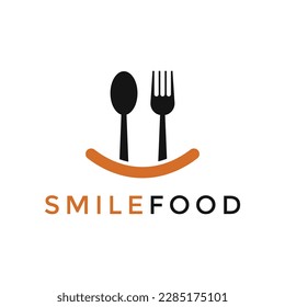 Illustration silhouette smile food with fork and spoon restaurant sign vector logo template