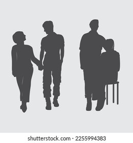 illustration of a silhouette of a soldier with a woman wearing a hijab holding hands. element design for romance illustration