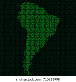 Illustration of silhouette of South America from binary digits on background of binary digits