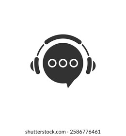 Illustration of a silhouette speech bubble featuring three dots and adorned with headphones, symbolizing communication and podcast topics.