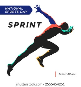 illustration of the silhouette of a sprint athlete. runner athlete in stylish flash of color on white background. National sports day celebration concept