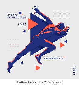 illustration of the silhouette of a sprint athlete. runner athlete with stylized flash of color on white background and geometric ornament. National sports day celebration concept