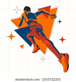 illustration of the silhouette of a sprint athlete. runner athlete with stylized flash of color on white background and geometric ornament. National sports day celebration concept