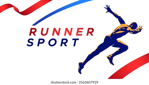 illustration of the silhouette of a sprint athlete. runner athlete with stylized flash of color on white background and geometric ornament. National sports day celebration concept