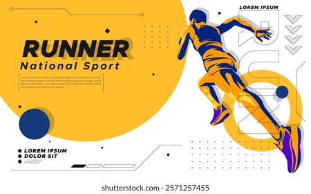 illustration of the silhouette of a sprint athlete. runner athlete with stylized flash of color on white background and geometric ornament. National sports day celebration concept