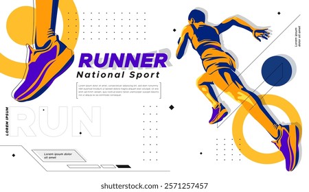 illustration of the silhouette of a sprint athlete. runner athlete with stylized flash of color on white background and geometric ornament. National sports day celebration concept