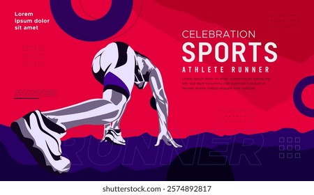 illustration of the silhouette of a sprint athlete. runner athlete with stylized flash of color on white background and geometric ornament. National sports day celebration concept