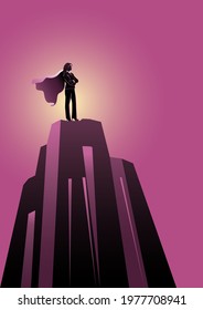 An illustration of a silhouette of super business woman look somewhere on the mountain on pinkish background