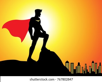 illustration of a silhouette superhero in the city