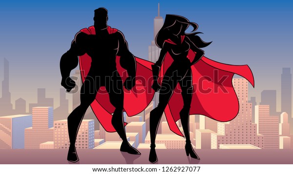 街の屋上に立つシルエットスーパーヒーローカップルのイラスト のベクター画像素材 ロイヤリティフリー