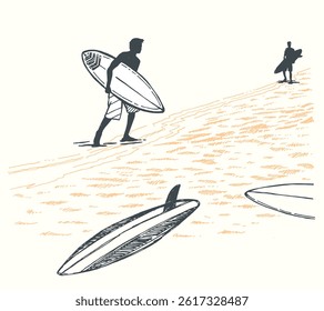 Illustration of a silhouette of a surfer coming out of the water.