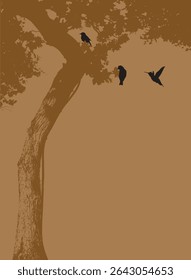 Illustration of silhouette tree and flying bird 