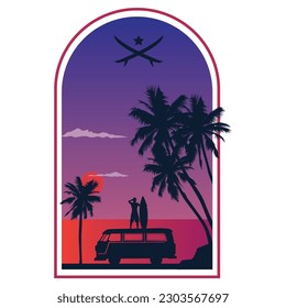 illustration of Silhouette Tropical Palm Tree and beach