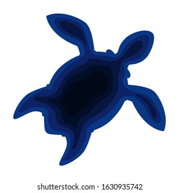 illustration silhouette of a turtle cut out of paper. Craft underwater ocean cave in blue color. Vector ecological concept the Earth posters, World Water Day, eco brochures