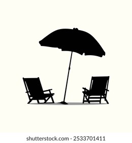 Illustration silhouette of two chair and umbrella beach