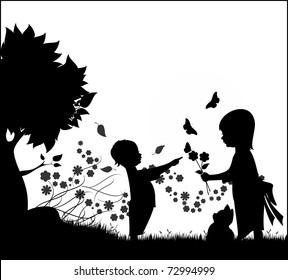 Illustration silhouette of two children, a boy and a girl playing with flowers, butterflies and a kitten