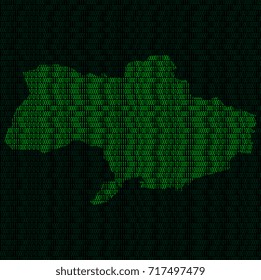 Illustration of silhouette of Ukraine from binary digits on background of binary digits