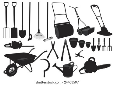 Illustration in silhouette of various garden tools