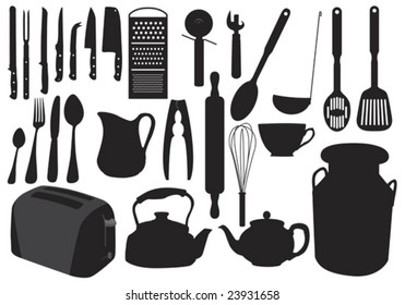 Illustration in silhouette of various items of kitchenware