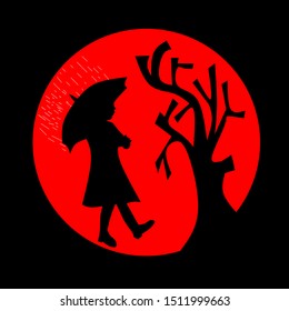 Illustration of the silhouette vector of the umbrella girl and the dry tree with red background.