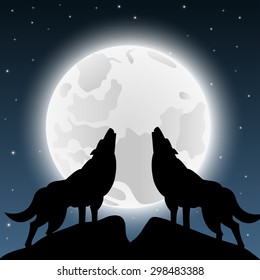 Illustration of a silhouette of a wolf on a background of the moon