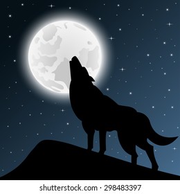 Illustration of a silhouette of a wolf on a background of the moon