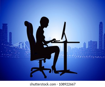 illustration silhouette woman for computer on background of the night city