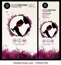 Illustration with silhouette of woman drinking wine. Template for poster, leaflet or invitation wine tasting. Wine tasting icons. vector