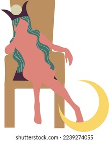 illustration with a silhouette of a woman or queen with a crown sitting on a chair, and the moon by her feet. This illustration is inspired by the  tarot card the priestess